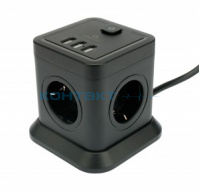 Сетевой фильтр Tower чёрный, 4 роз. 2м, 10А 3хUSB, 21436