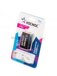 Аккум. Космос 6F22 1200mWh 9v, Li-ion, заряд USB-C